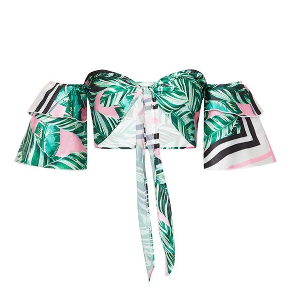 NWT PLT SET - FLORAL BARDOT CROP TOP SHORT PETITE - Picture 2 of 8